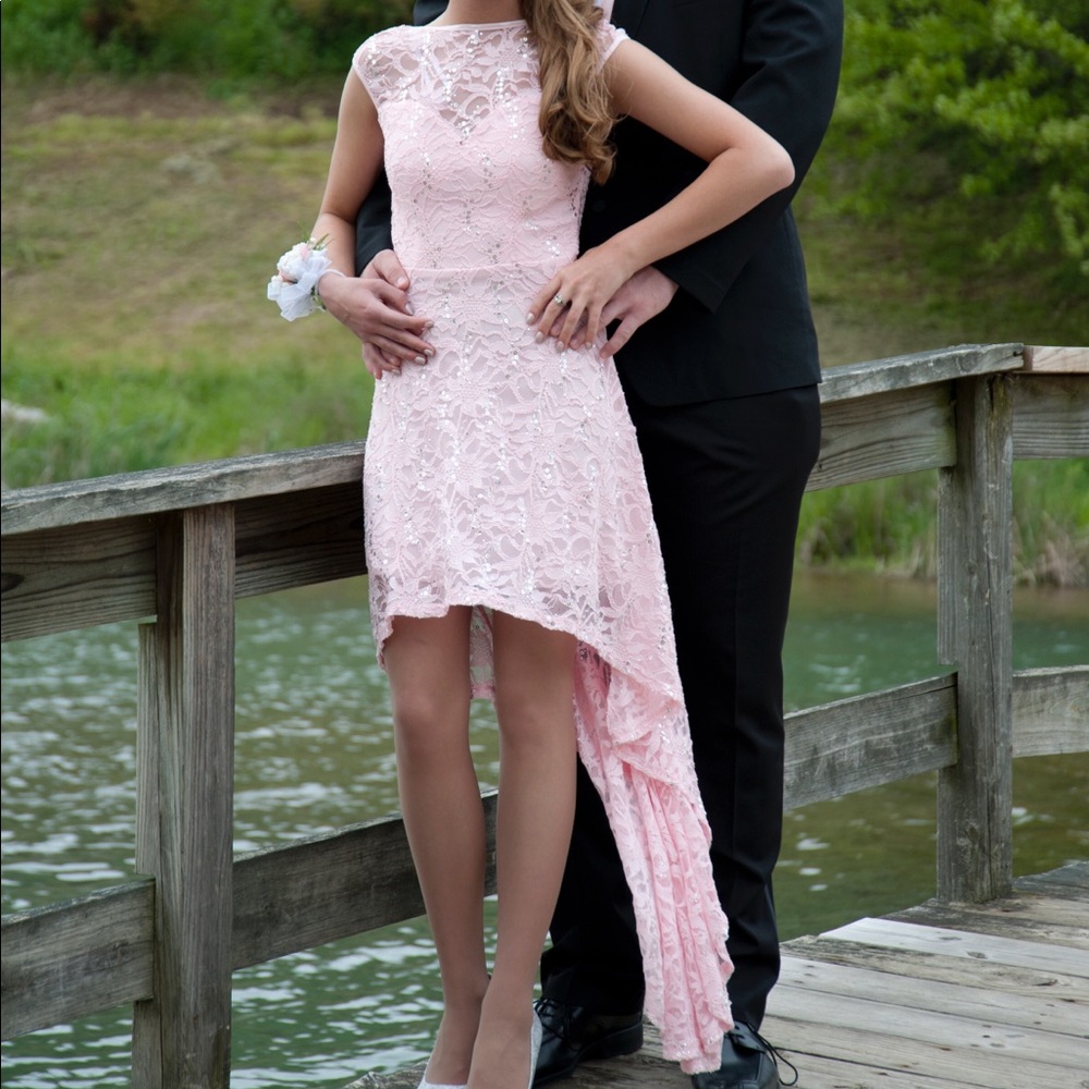 High-low pink sparkly Lacey prom/evening dress
